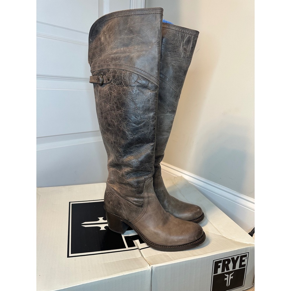 Frye Jane Tall Cuff Boots Slate Distressed Leather 77594 Womens Size 8.5‎ B